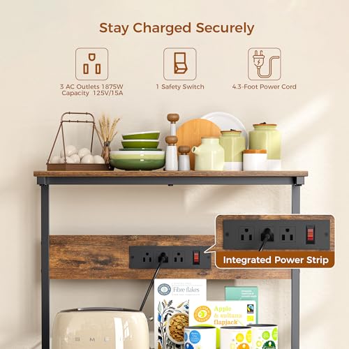 4-Tier Kitchen Bakers Rack with Power Outlet and Storage, Rustic Brown