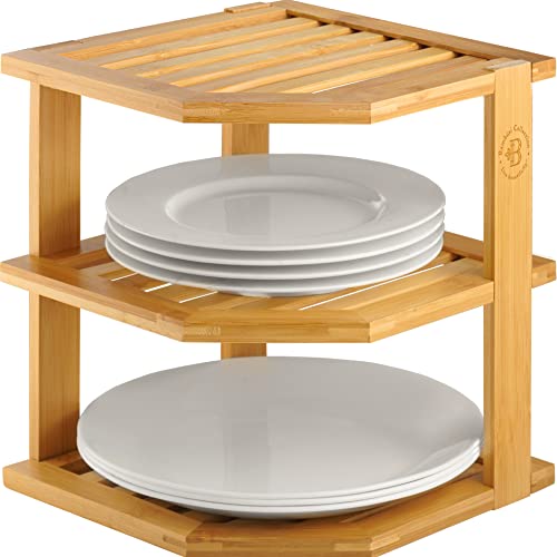 3-Tier Bamboo Corner Cabinet Organizer for Plates, Bowls, and Mugs