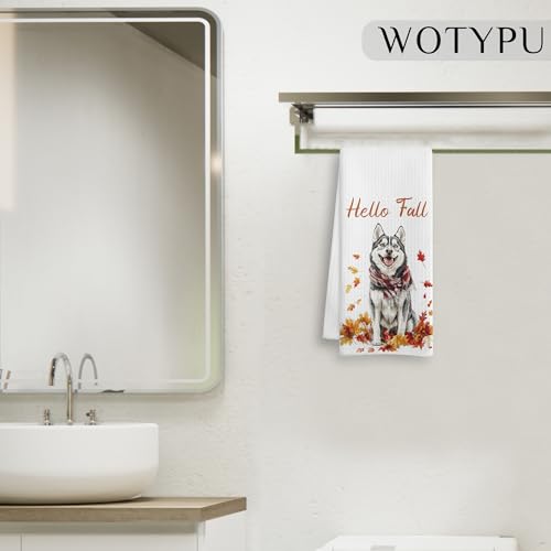WOTYPU Husky-3 Fall Kitchen Towels, Dog & Maple Leaf Design, 16x24 Inch