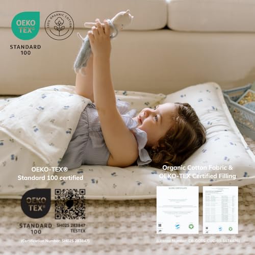Organic Cotton Toddler Nap Mat with Removable Pillow and Attached Blanket