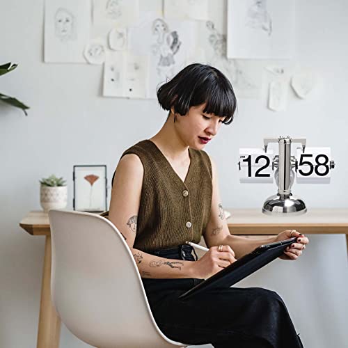 Retro Mechanical Flip Desk Clock - Stainless Steel Digital Gear Clock