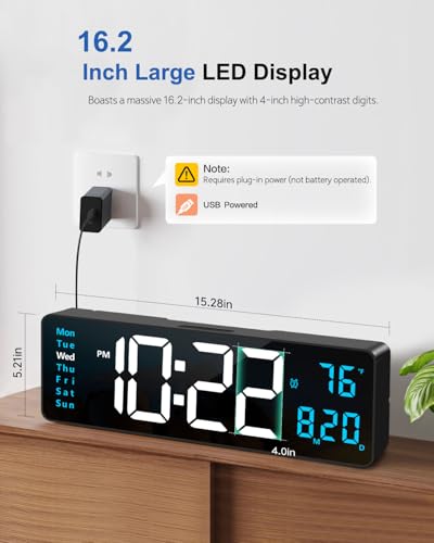 16-Inch Large LED Digital Wall Clock with Ambient Night Light and Remote