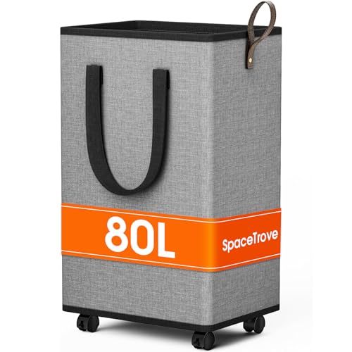 SpaceTrove Rolling Laundry Basket 80L Grey Collapsible Hamper with Wheels