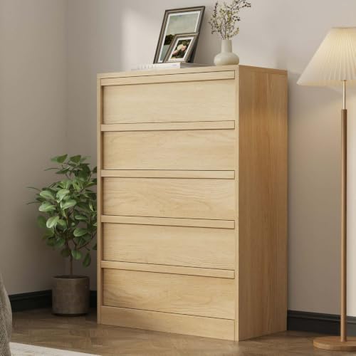 5-Drawer Wooden Dresser, Tall Bedroom Chest with Ample Storage, Natural Oak