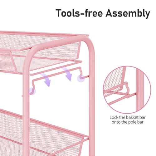 3-Tier Metal Rolling Utility Storage Cart with Wheels & Hooks, Pink