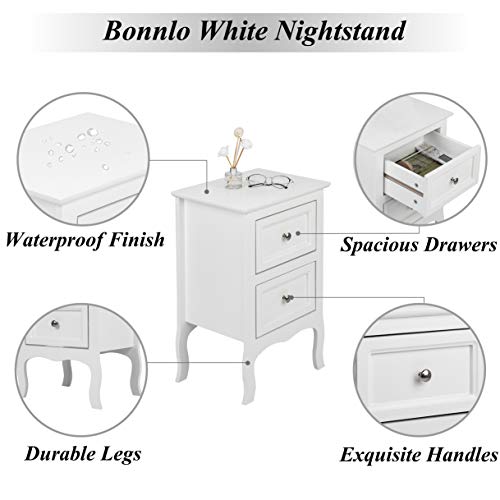 2-Drawer Wooden Nightstand Set, Small Bedside Table with Storage, White