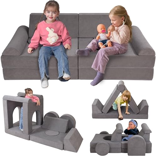12-Piece Modular Kids Play Couch, Grey Soft Foam Toddler Sofa