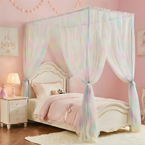 Pink Rainbow Bed Canopy for Twin Bed, 4 Corner Post Princess Bed Curtains