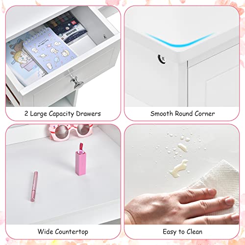 Kids Vanity Table and Chair Set with Tri-Folding Mirror and Storage