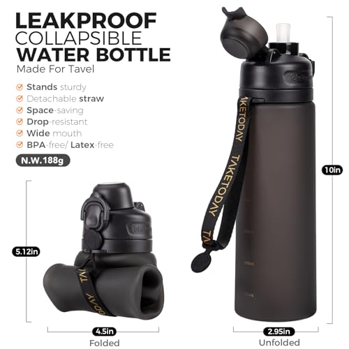 Collapsible Water Bottle 21oz Foldable Silicone Travel Bottle with Straw
