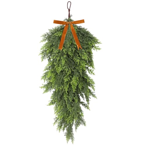 27-Inch Artificial Cedar Christmas Teardrop Swag with Bow for Front Door