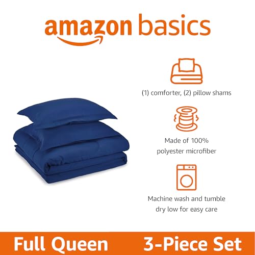 Amazon Basics Kids 3-Piece Microfiber Comforter Set - Full/Queen, Navy