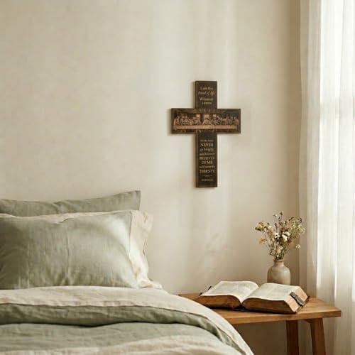 12-Inch Wooden Cross Wall Decor - Christian Last Supper Art with Adhesive