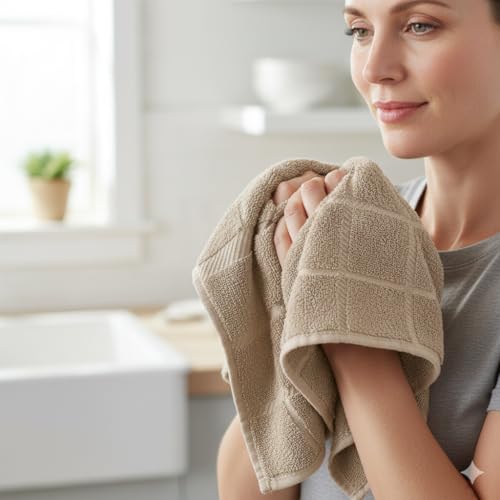 Mellow Buff 4 Pack Tan Cotton Dish Towels - Super Soft & Absorbent Kitchen Cleaning Cloths