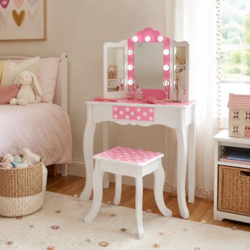 Polka Dot Kids Vanity Set with LED Mirror, Stool and Drawer - Pink