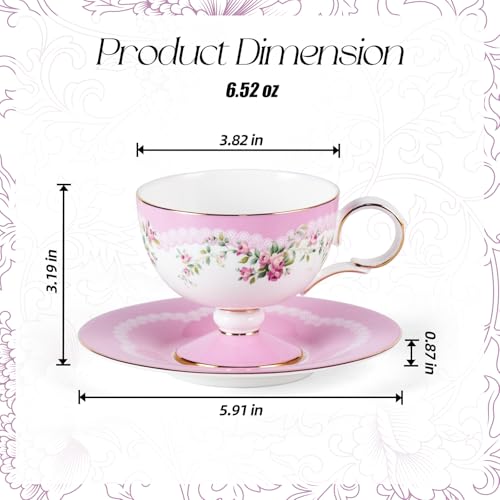 Pink Floral Ceramic Tea Cups Set of 2 with Saucers – Elegant KAMMAK Demitasse Cups