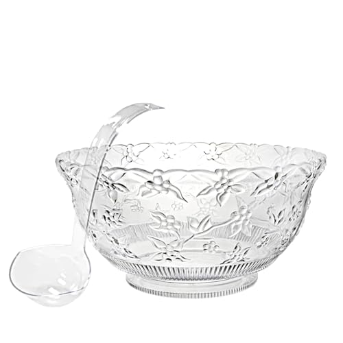 Large 3-Gallon Plastic Punch Bowl with Ladle, Embossed Clear Serving Bowl