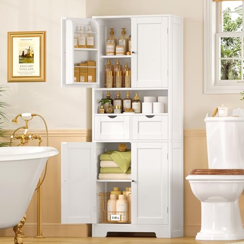 Tall Kitchen Pantry Cabinet with Adjustable Shelves and 2 Drawers, White
