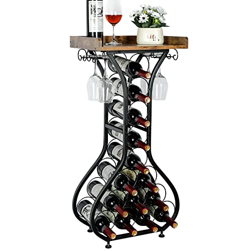 Freestanding Wine Rack Table with Glass Holder, 14-Bottle Liquor Storage
