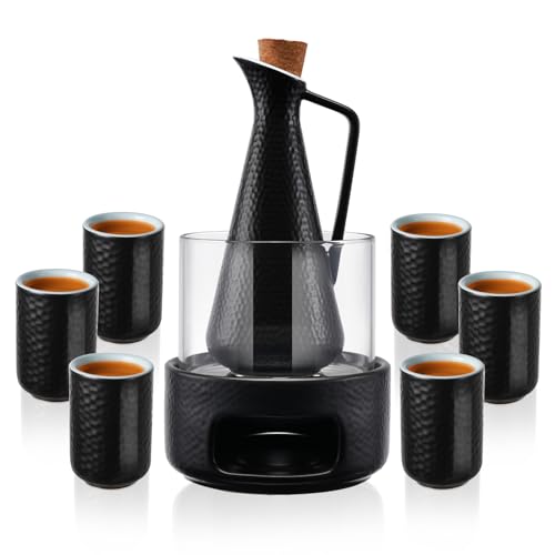 ZENS Black Sake Set with 6 Cups & Warmer - 13 oz Hot Sake Tea Ceremony