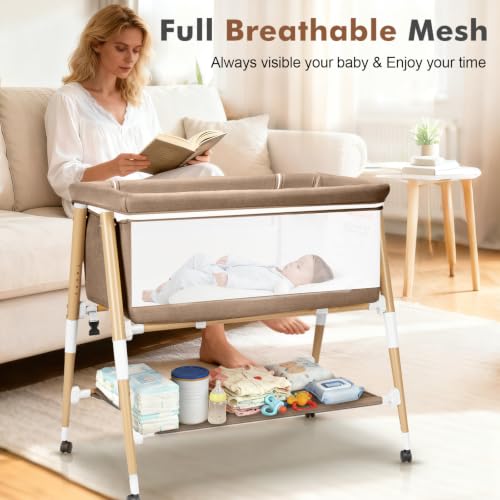 3-in-1 Portable Bedside Bassinet for Newborn with Storage & Wheels - Khaki