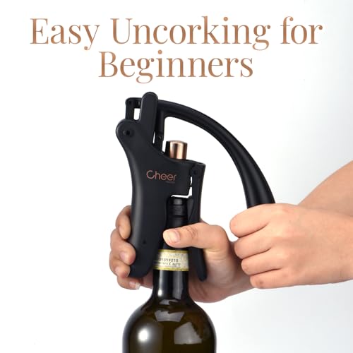 CHEER MODA Matte Black Lever Wine Opener with Rabbit Motif – Corkscrew & Foil Cutter, Replacement Screw HK03
