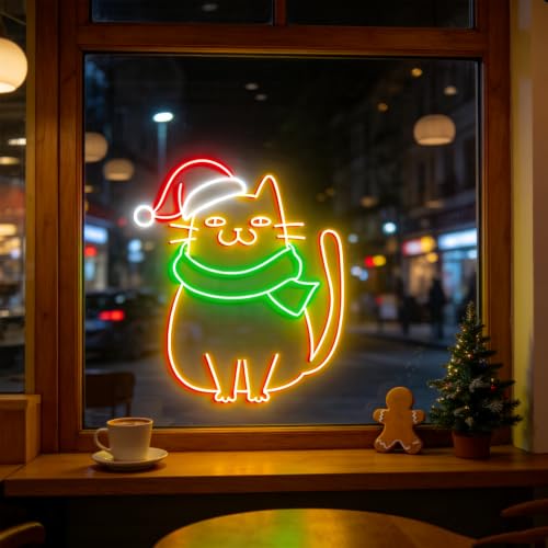 Christmas Cat Neon Sign LED Merry Christmas Neon Lights - USB, Dimmable, 16x13 Inch - HFHungkeong (Color4)