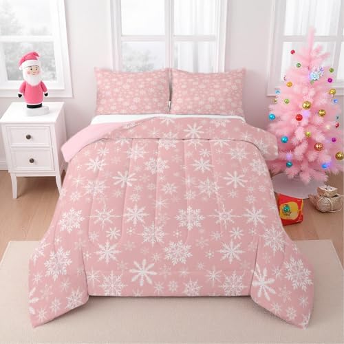Erosebridal Christmas Comforter Set Queen - Pink Snowflake 3D Print, 90x90