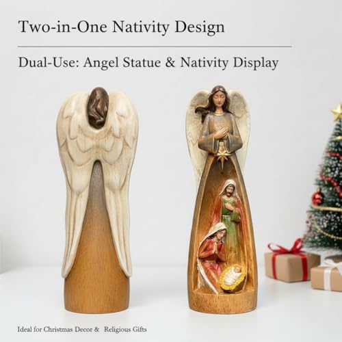 Hand-Painted Wooden Nativity Scene Figurine with Angel Table Decor