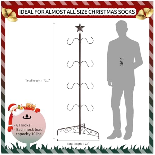 ELYKEN 70-Inch Bronze Christmas Stocking Holder Stand with 8 Adjustable Hooks