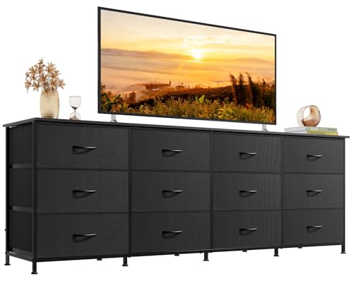 12-Drawer Long TV Stand Dresser for 85 Inch TVs, Black Storage Console