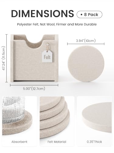 Fluxynara Felt Coasters Set of 8 with Holder - Oatmeal Round Drink Protectors