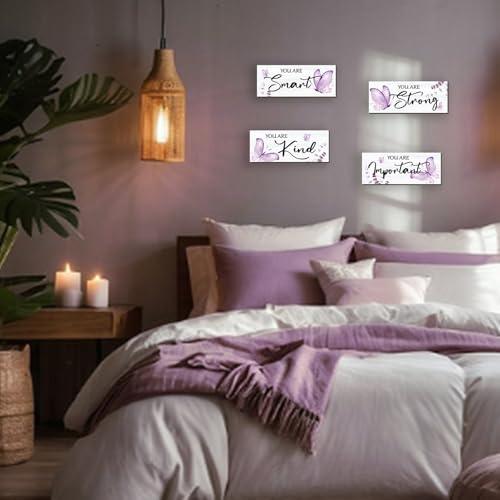 4-Piece Purple Butterfly Wooden Wall Decor with Inspirational Quotes