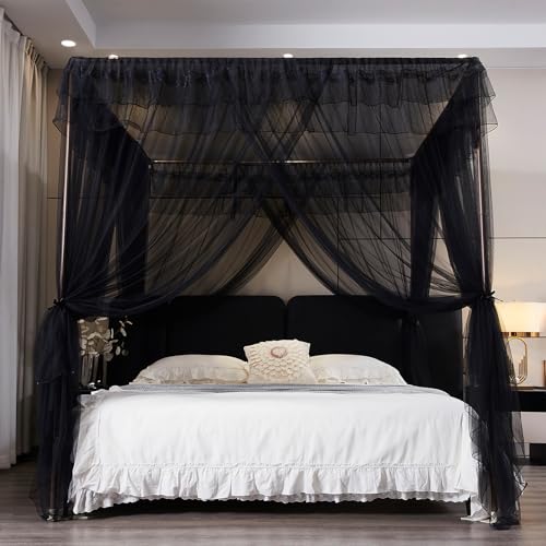 Black 4-Poster Bed Canopy Curtains - Queen Size Mosquito Netting