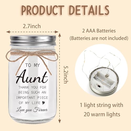Aunt Gifts from Niece - Mason Jar Night Lights for Christmas Wedding and Birthday Desk Decorations Present Mother's Day Gifts Best Aunt Ever Gifts