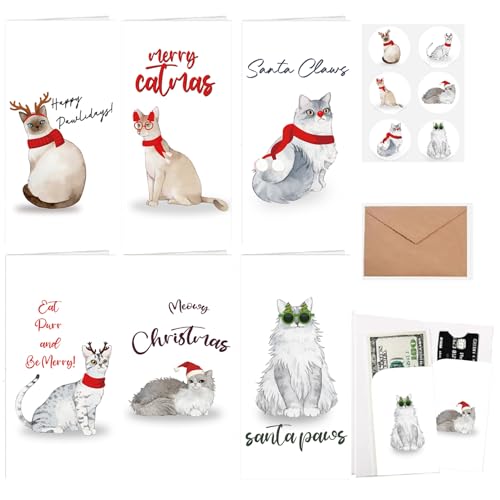 Christmas Cat Money Holder Cards Set - Includes 30 Holiday Greeting & Gift Envelopes