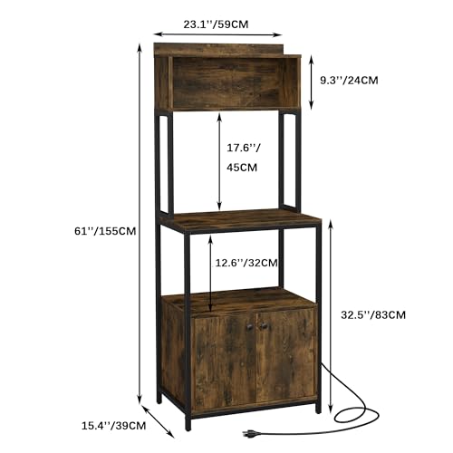 5-Tier Kitchen Bakers Rack with Power Outlet and Cabinet, Rustic Microwave Stand