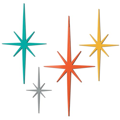 4-Piece Mid-Century Modern Starburst Wall Art, Retro Metal Atomic Stars