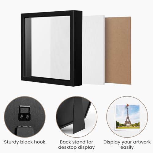5x5 Small Shadow Box Frame with Linen Backing and Push Pins, Black