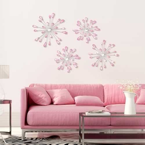 4-Piece Pink Starburst Metal Wall Art Set - 3D Rhinestone Decorative Accents