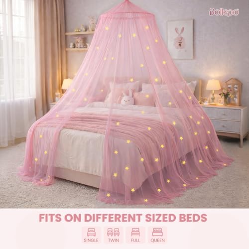 Pink Princess Bed Canopy with LED Star Lights - Fits Twin to Queen Beds