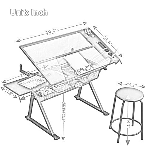Adjustable Drafting Table with Stool, Tilting Glass Top Art Desk for Drawing