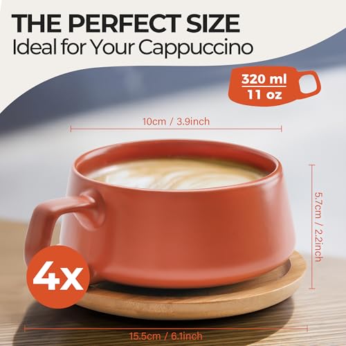 MIAMIO Cappuccino Cup Set of 4 Beige Pastel Ceramic 9.5oz Coffee Mugs with Wooden Coasters