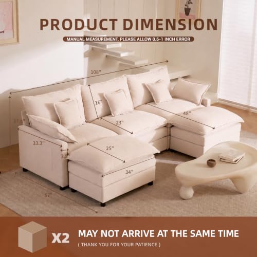 108-Inch U-Shaped Modular Cloud Sofa with Ottoman, Linen Beige