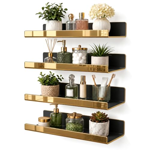 Gold Acrylic Floating Wall Shelf with Front Lip - Modern Bathroom Organizer
