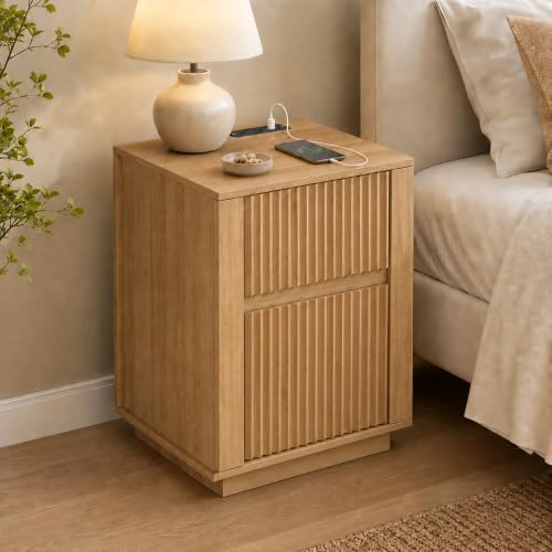Modern Fluted Nightstand with Charging Station and Two Drawers