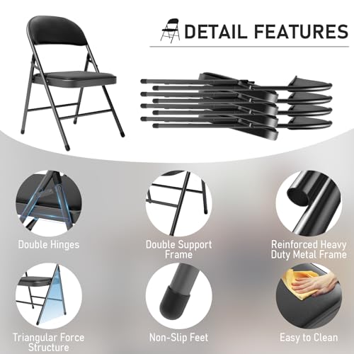 6 Pack Padded Folding Chairs - Heavy-Duty Metal Frame Portable Guest Seating