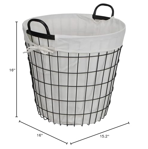 White Fabric Lined Metal Laundry Type Basket with Handle