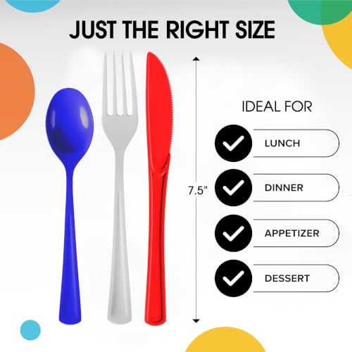 Red White Blue Patriotic Plastic Silverware Set 150 Pcs - Disposable Cutlery