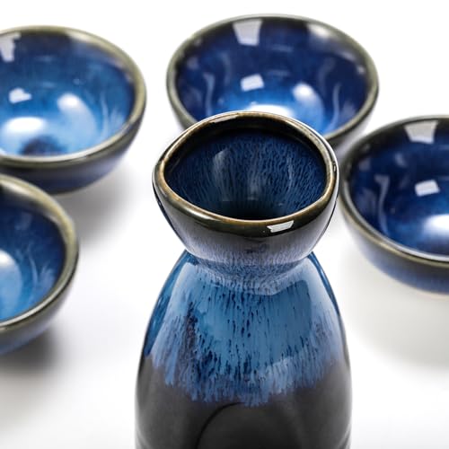 Goaste Japanese Ceramic Sake Set with Carafe and Cups - Dark Blue, Dishwasher Safe